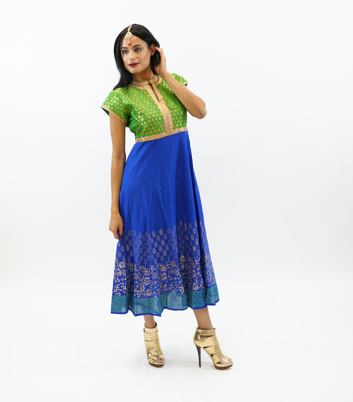 Brocade Emerald Green And Cobalt Blue Block Printed Cotton Gown