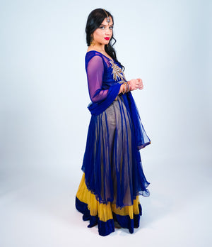 Blue, Silver And Gold Embroidery Silk Gown