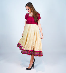 maroon and cream dress CEY Modest Dress With Cream Band Work And Belt In Maroon