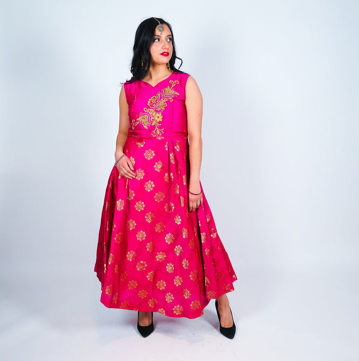 Fuchsia with Gold Embroidery Silk Gown