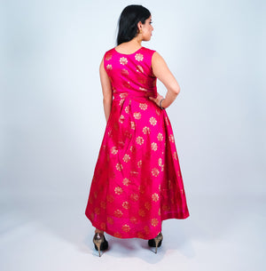 Fuchsia with Gold Embroidery Silk Gown