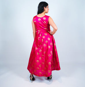 Silk Brocade With Embroidered Mazenta Pink Gown