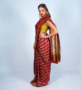 Maroon Red Banarasi Silk Saree with Gold Accents