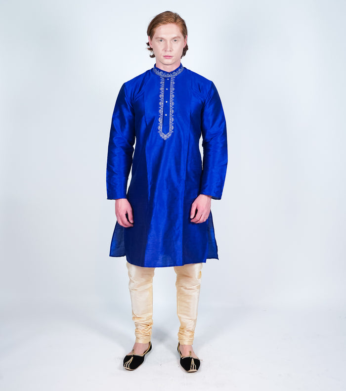 Silk Royal Blue Embroidered Men's Kurta