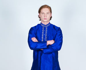 Silk Royal Blue Embroidered Men's Kurta