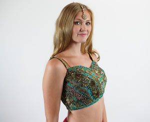 Silk Heavy Embroidered Pine Green And Teal Blue Sleeveless Crop Top