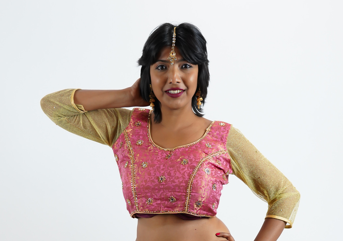 Silk Embroidered Brick Pink With Three Quarter Sleeves Crop Top