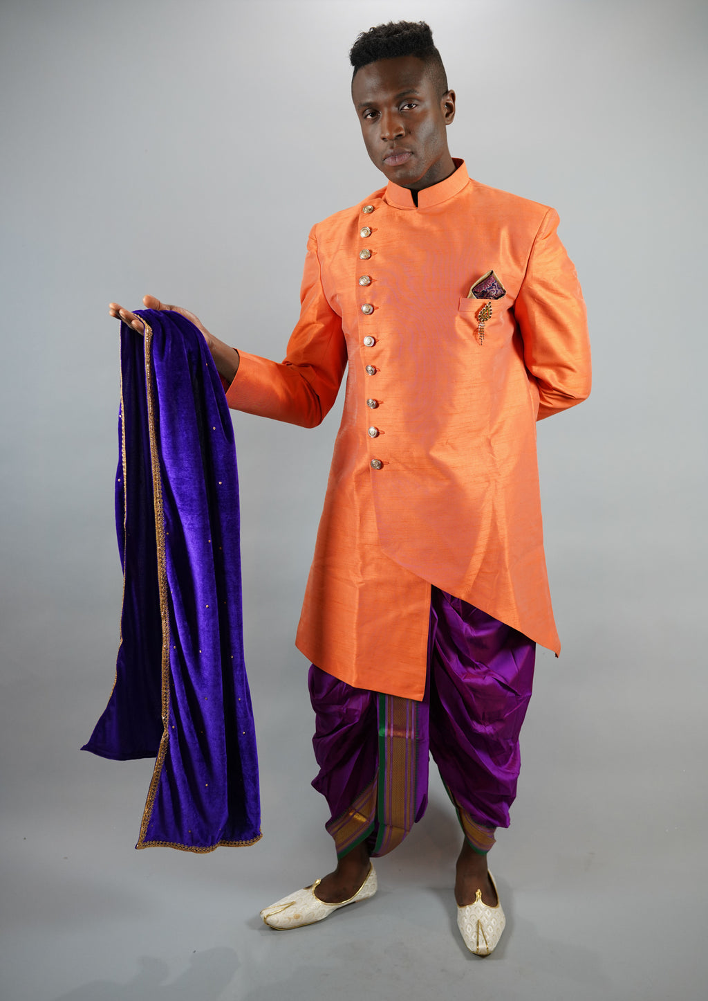 Silk Asymmetric Tiger Orange Long Sherwani / Jacket