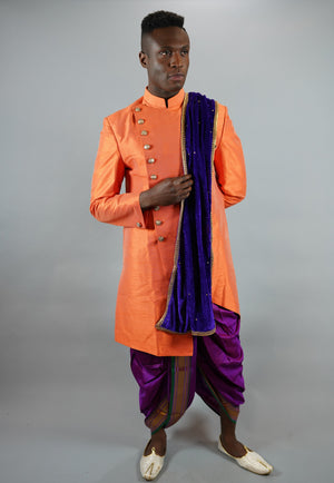 Silk Asymmetric Tiger Orange Long Sherwani / Jacket
