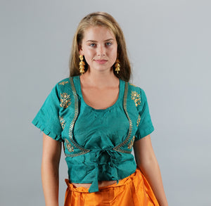 Formal Silk Embroidered Teal Blue Long Crop Top