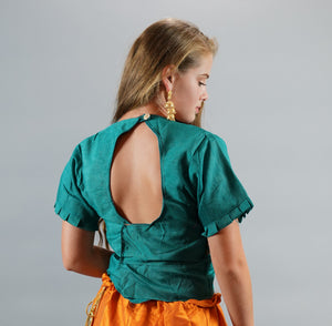 Formal Silk Embroidered Teal Blue Long Crop Top