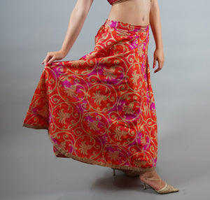 Silk Orange/Pink Two Tone Gold Trim Brocade Skirt
