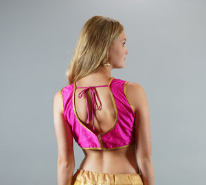 Formal Silk Hot Pink With Embroidered Gold  Neckline Crop Top