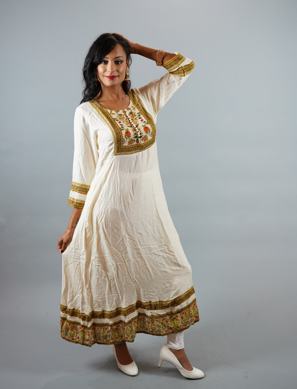 Cotton Off White Gown With Printed Border