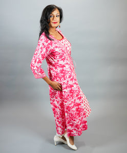Cotton Block Printed Floral Dark Bubblegum Pink Gown With Attached Shrug