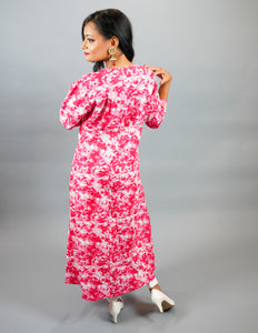 Cotton Block Printed Floral Dark Bubblegum Pink Gown With Attached Shrug