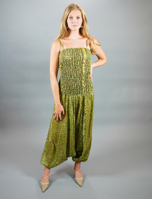 Silk Block Printed Floral Army Green Jumpsuit