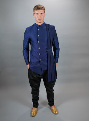 Silk Royal Blue Asymmetric Bandhgala With Attached Scarf Jacket