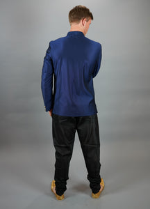 Silk Royal Blue Asymmetric Bandhgala With Attached Scarf Jacket