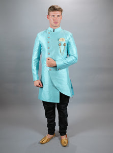 Silk Asymmetric Electric Blue Long Sherwani / Jacket