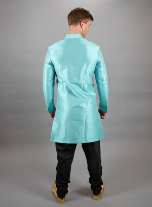 Silk Asymmetric Electric Blue Long Sherwani / Jacket