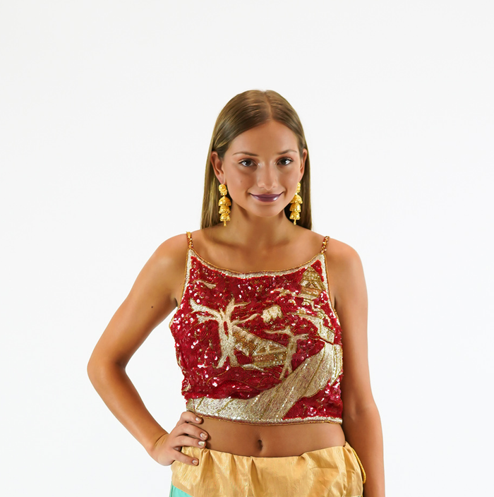 Silk Heavy Embroidered Scarlet Red Sleeveless Crop Top