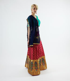 Banarasi Silk Brocade Maroon Red With Shiny ButterScotch Yellow Lehenga Skirt