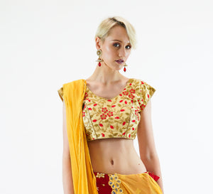 Formal Silk Banana Yellow Gold With Candy Apple Red Embroidered Crop Top