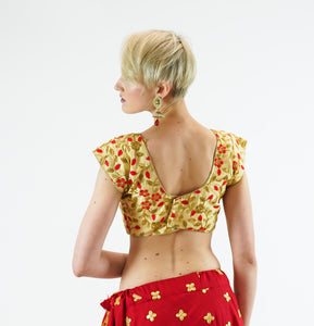 Formal Silk Banana Yellow Gold With Candy Apple Red Embroidered Crop Top