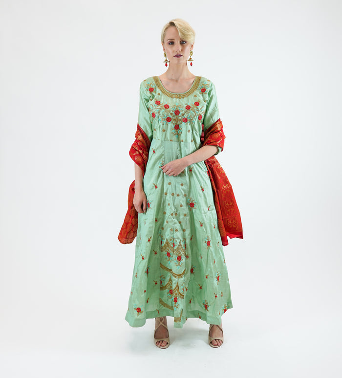 Silk Embroidered Emerald Green Gown