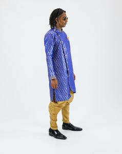 Silk Brocade Asymmetric Egyptian Blue Bandhgala Long Sherwani
