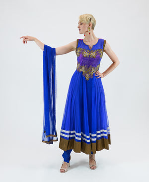 Embroidered Georgette Egyptian Blue With Golden Border Anarkali/Gown