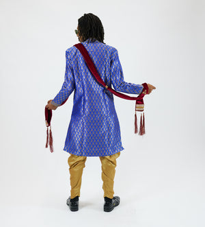Silk Brocade Asymmetric Egyptian Blue Bandhgala Long Sherwani / Jacket