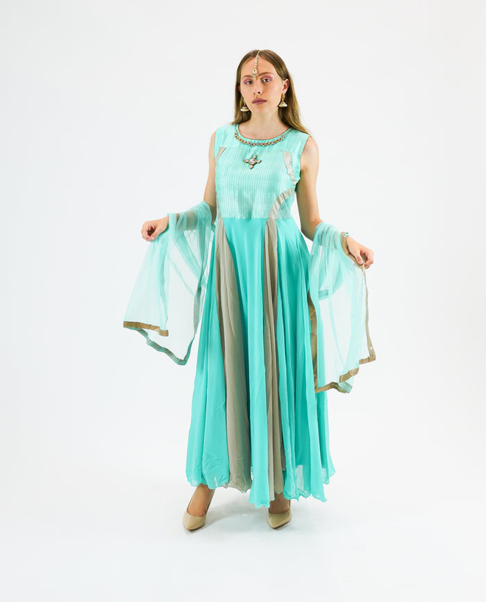 Silk Chiffon Turquoise Blue Gown
