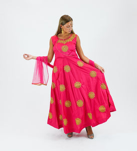 Silk Hot Pink Embroidered Gown