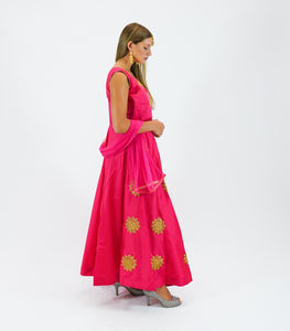 Silk Ruby Pink Embroidered Gown