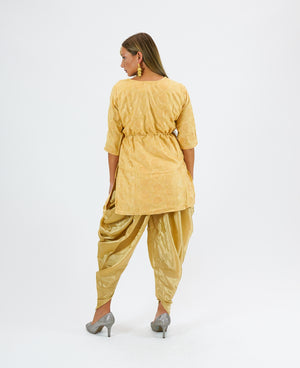 Silk Brocade Short Blonde Yellow Kurta With Dhoti/Tulip Pants