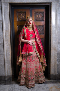 Silk Pinkish Red Heavy Embroidered Bridal Lehenga Set