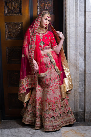 Silk Pinkish Red Heavy Embroidered Bridal Lehenga Set