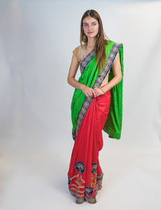 Silk Embroidered Red with Contrast Mint Green Pallu Saree