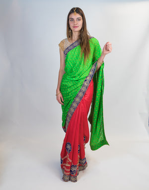 Silk Embroidered Red with Contrast Mint Green Pallu Saree
