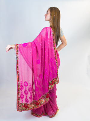 Silk Pink Embroidered  Saree