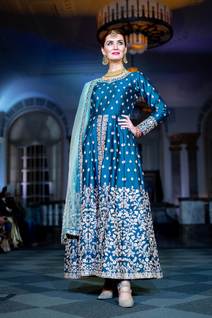 Silk Emerald Blue Embroidered Gown