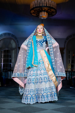 Soft Velvet Prussian Blue Embroidered Bridal Lehenga Set