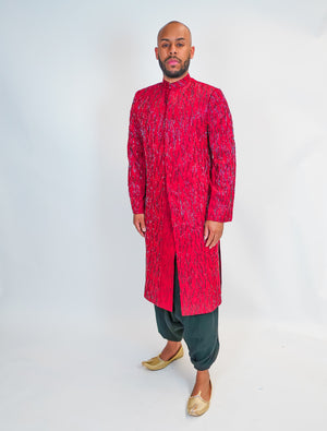 Barn Red Silk Full Embroidered Sherwani