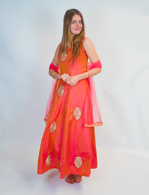 Salmon Peachy Silk Gown with Golden work