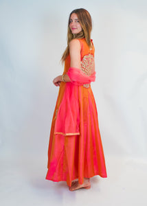 Salmon Peachy Silk Gown with Golden work
