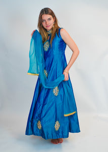 Royal Blue Silk Gown with Golden Work