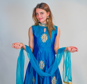 Royal Blue Silk Gown with Golden Work