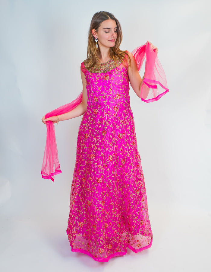 Silk Fuchsia Full Embroidered Gown